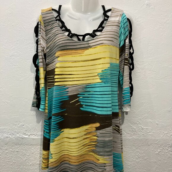 Fashque Studio Top Blouse Stretch Pullover Abstract Multi Asymmetrical S USA - Picture 3 of 11